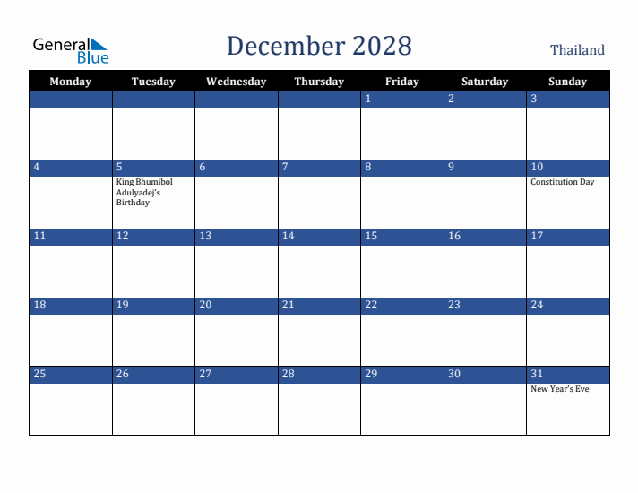 December 2028 Thailand Calendar (Monday Start)