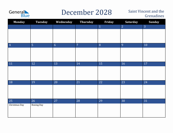 December 2028 Saint Vincent and the Grenadines Calendar (Monday Start)