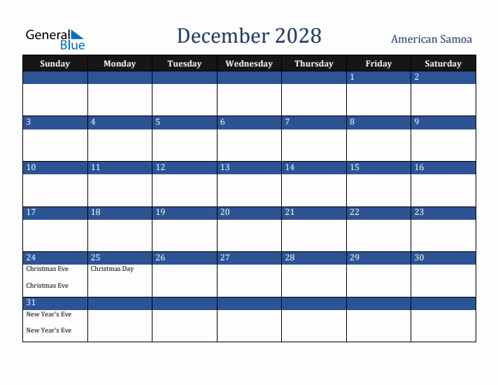 December 2028 American Samoa Calendar (Sunday Start)