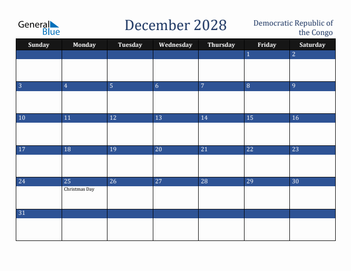 December 2028 Democratic Republic of the Congo Calendar (Sunday Start)