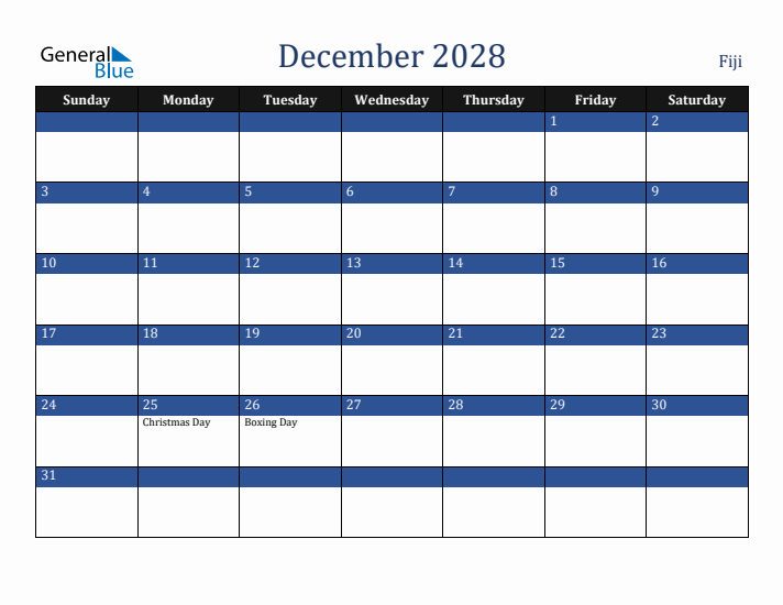 December 2028 Fiji Calendar (Sunday Start)