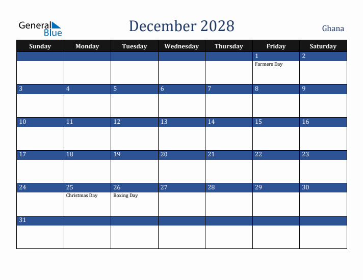 December 2028 Ghana Calendar (Sunday Start)