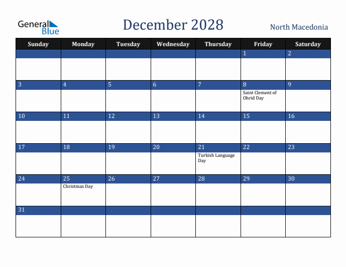 December 2028 North Macedonia Calendar (Sunday Start)