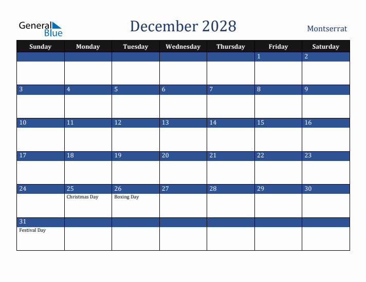 December 2028 Montserrat Calendar (Sunday Start)
