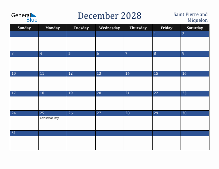 December 2028 Saint Pierre and Miquelon Calendar (Sunday Start)