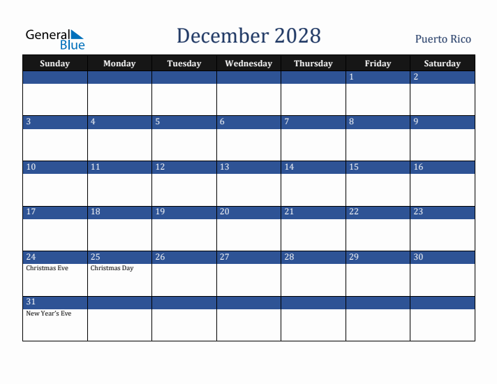 December 2028 Puerto Rico Calendar (Sunday Start)