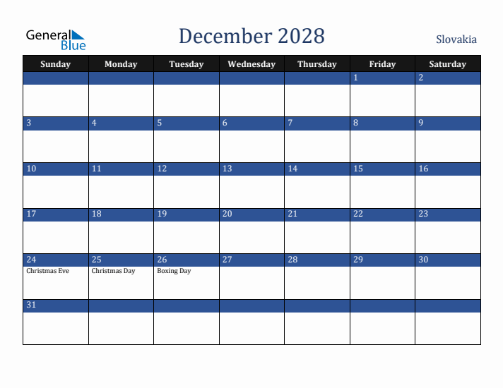 December 2028 Slovakia Calendar (Sunday Start)