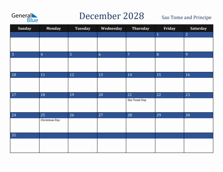 December 2028 Sao Tome and Principe Calendar (Sunday Start)