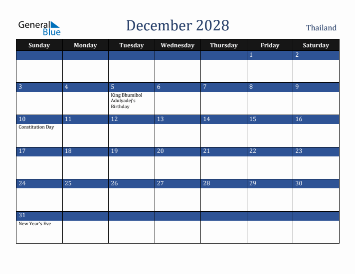 December 2028 Thailand Calendar (Sunday Start)