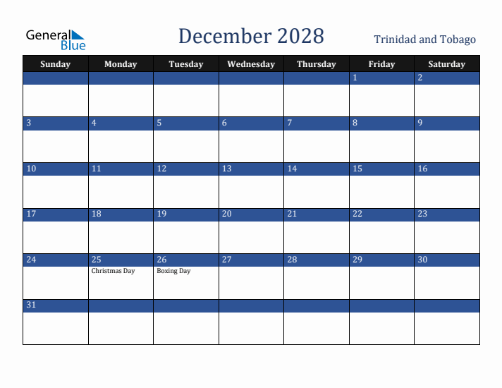 December 2028 Trinidad and Tobago Calendar (Sunday Start)