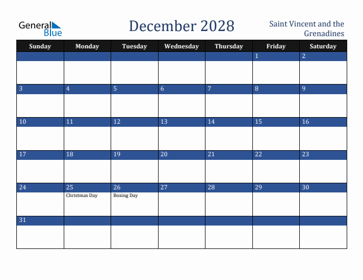 December 2028 Saint Vincent and the Grenadines Calendar (Sunday Start)