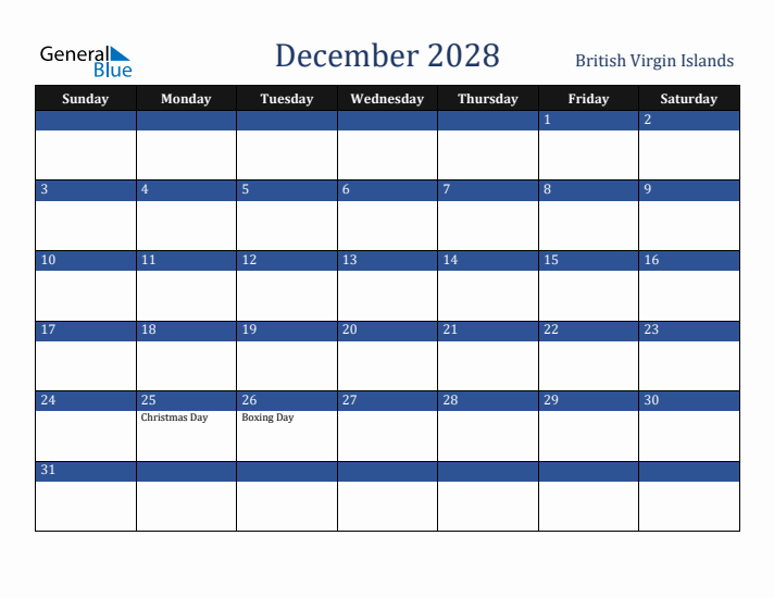 December 2028 British Virgin Islands Calendar (Sunday Start)
