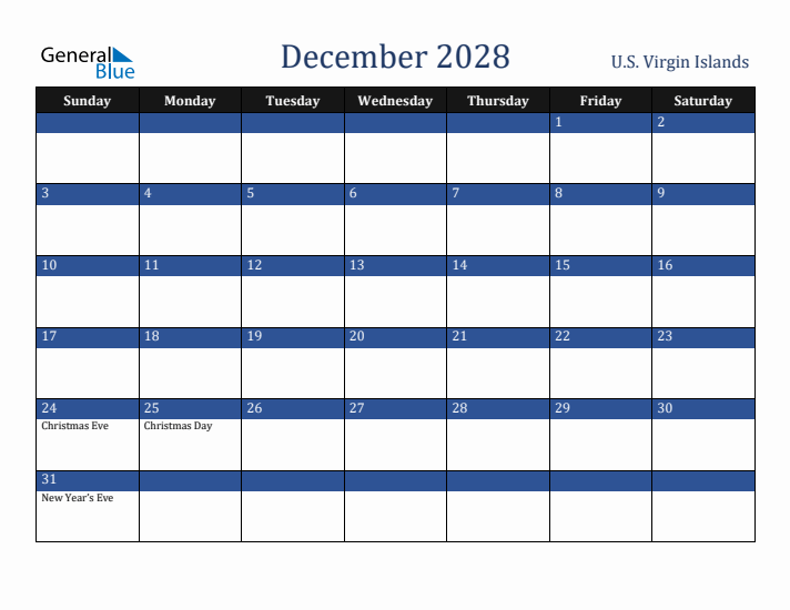 December 2028 U.S. Virgin Islands Calendar (Sunday Start)