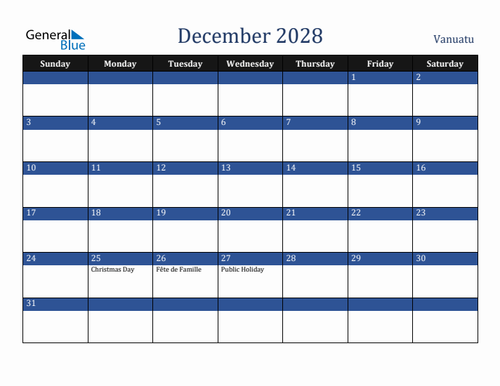 December 2028 Vanuatu Calendar (Sunday Start)