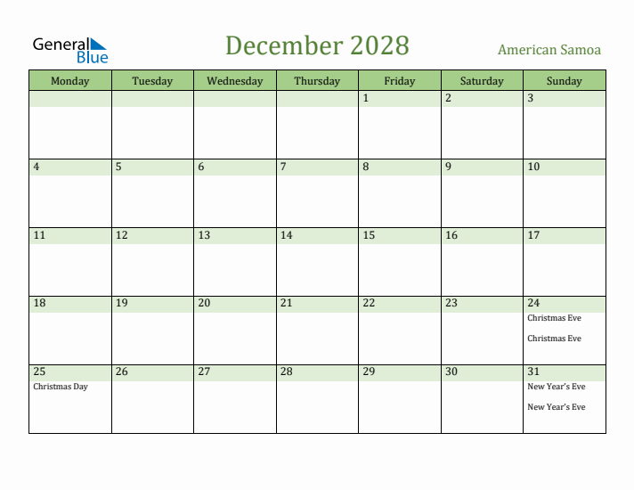 December 2028 Calendar with American Samoa Holidays