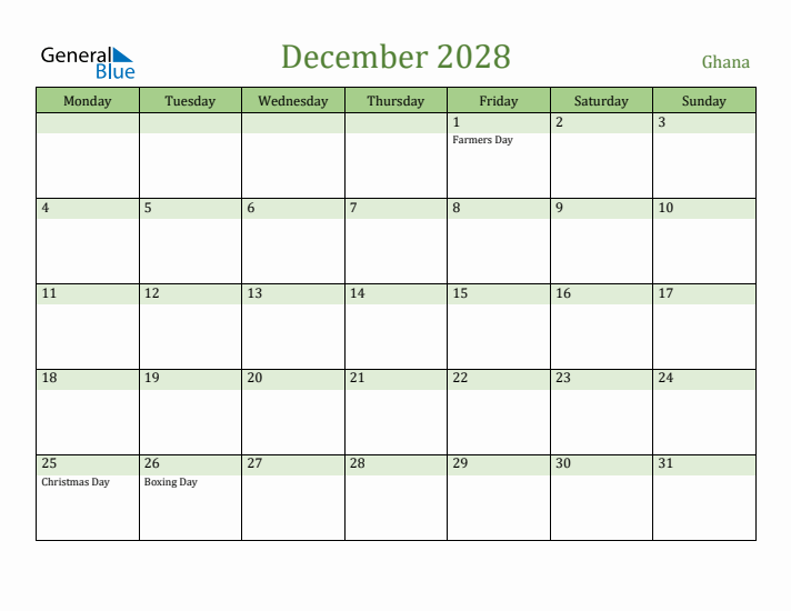 December 2028 Calendar with Ghana Holidays