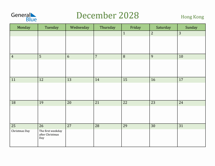 December 2028 Calendar with Hong Kong Holidays