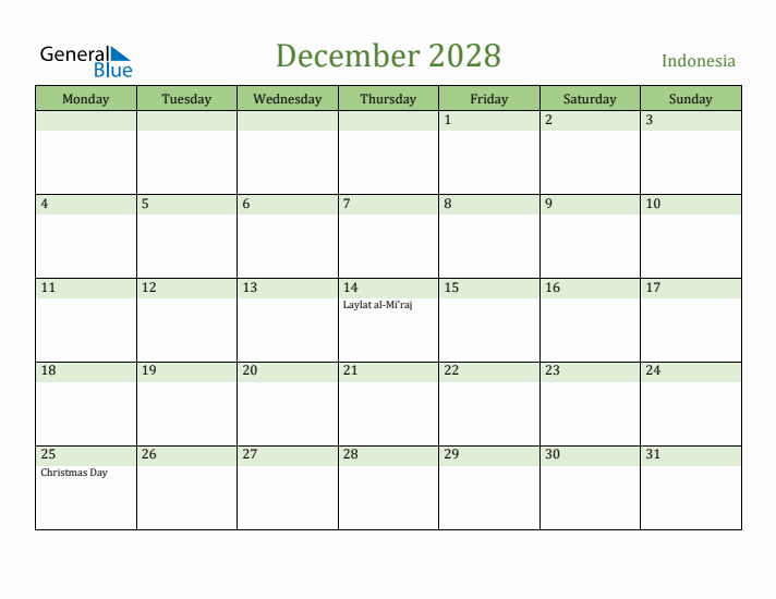 December 2028 Calendar with Indonesia Holidays