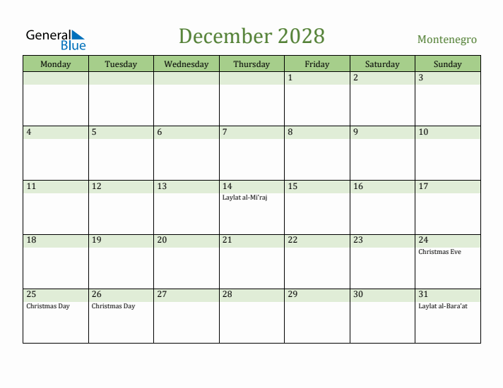 December 2028 Calendar with Montenegro Holidays
