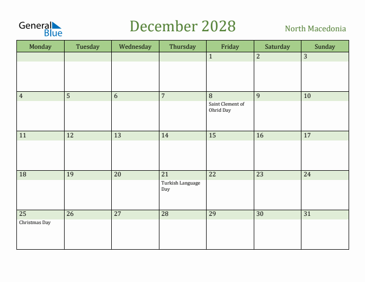 December 2028 Calendar with North Macedonia Holidays