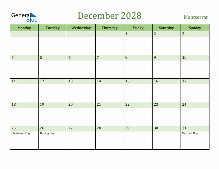 December 2028 Calendar with Montserrat Holidays