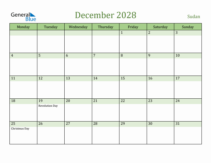 December 2028 Calendar with Sudan Holidays