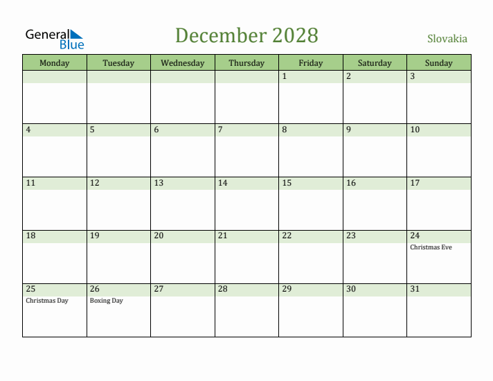 December 2028 Calendar with Slovakia Holidays
