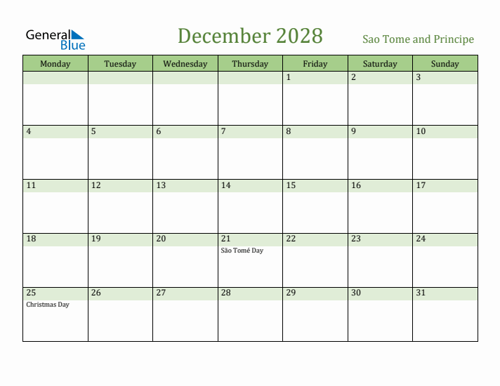 December 2028 Calendar with Sao Tome and Principe Holidays