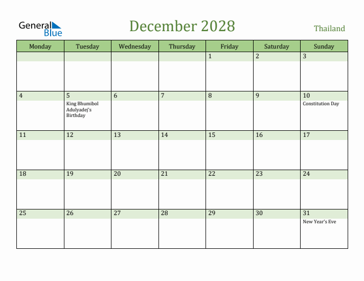 December 2028 Calendar with Thailand Holidays