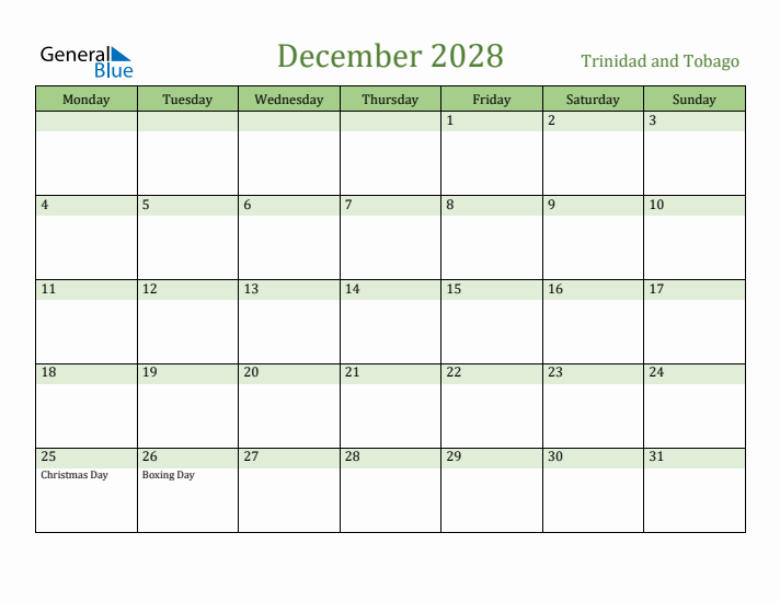 December 2028 Calendar with Trinidad and Tobago Holidays