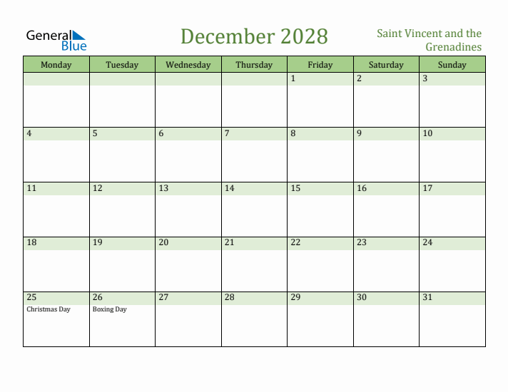 December 2028 Calendar with Saint Vincent and the Grenadines Holidays