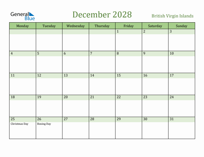 December 2028 Calendar with British Virgin Islands Holidays