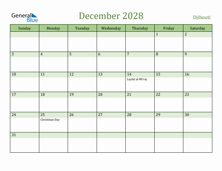 December 2028 Calendar with Djibouti Holidays
