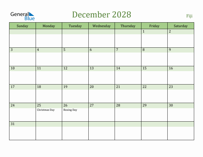 December 2028 Calendar with Fiji Holidays