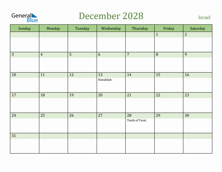 December 2028 Calendar with Israel Holidays