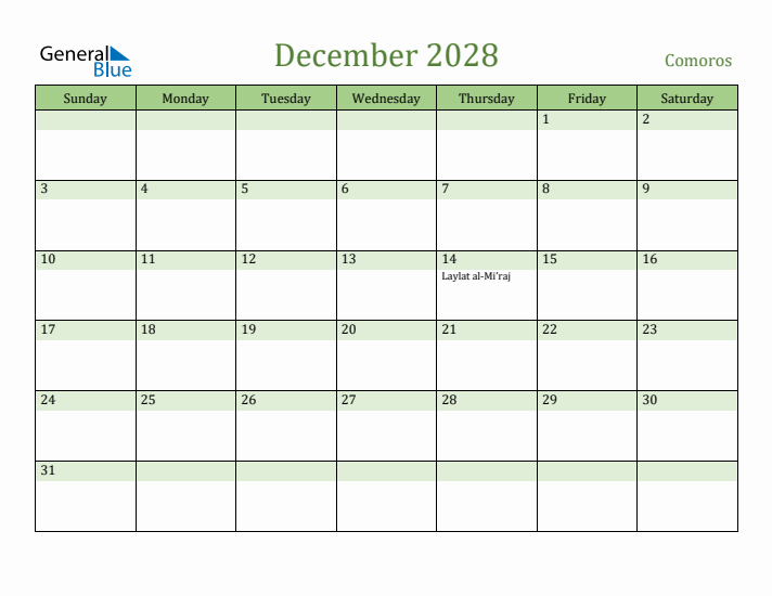 December 2028 Calendar with Comoros Holidays