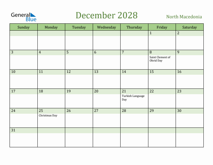 December 2028 Calendar with North Macedonia Holidays