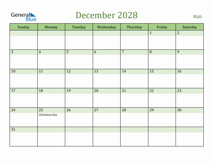 December 2028 Calendar with Mali Holidays