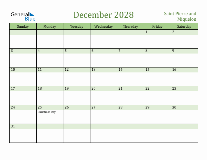 December 2028 Calendar with Saint Pierre and Miquelon Holidays