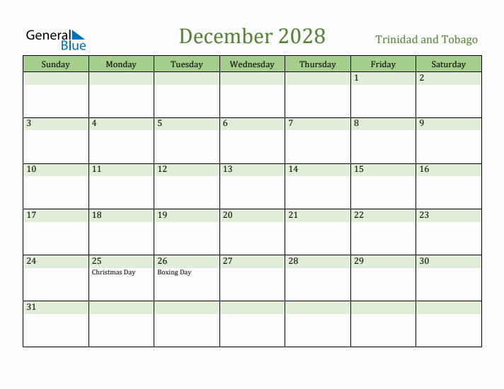 December 2028 Calendar with Trinidad and Tobago Holidays
