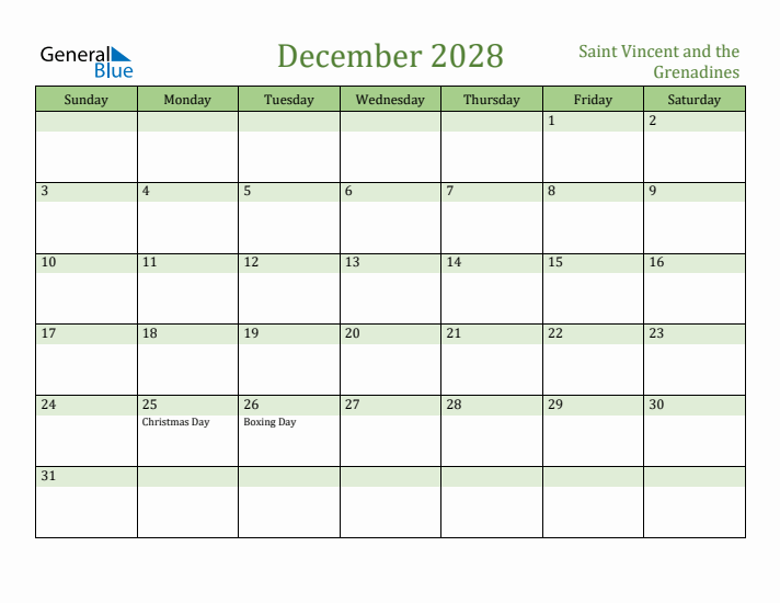 December 2028 Calendar with Saint Vincent and the Grenadines Holidays