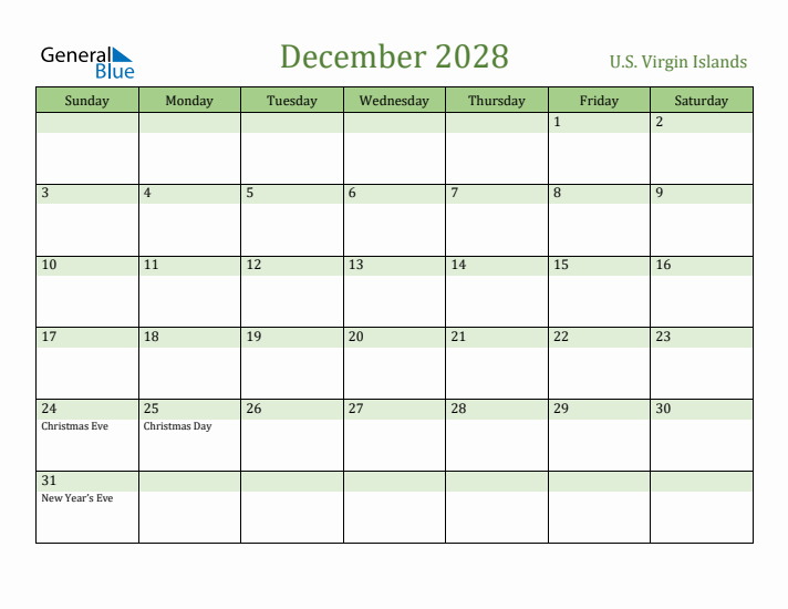 December 2028 Calendar with U.S. Virgin Islands Holidays