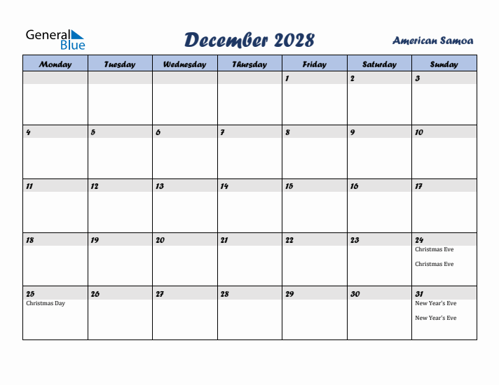 December 2028 Calendar with Holidays in American Samoa