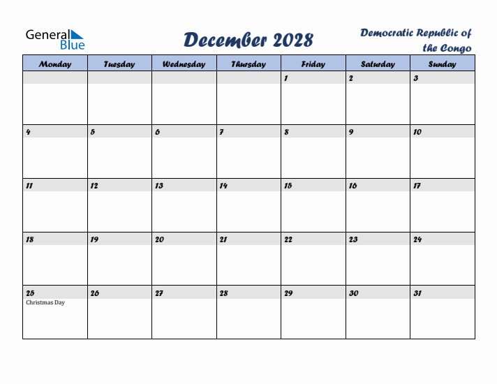 December 2028 Calendar with Holidays in Democratic Republic of the Congo