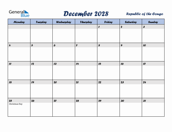 December 2028 Calendar with Holidays in Republic of the Congo