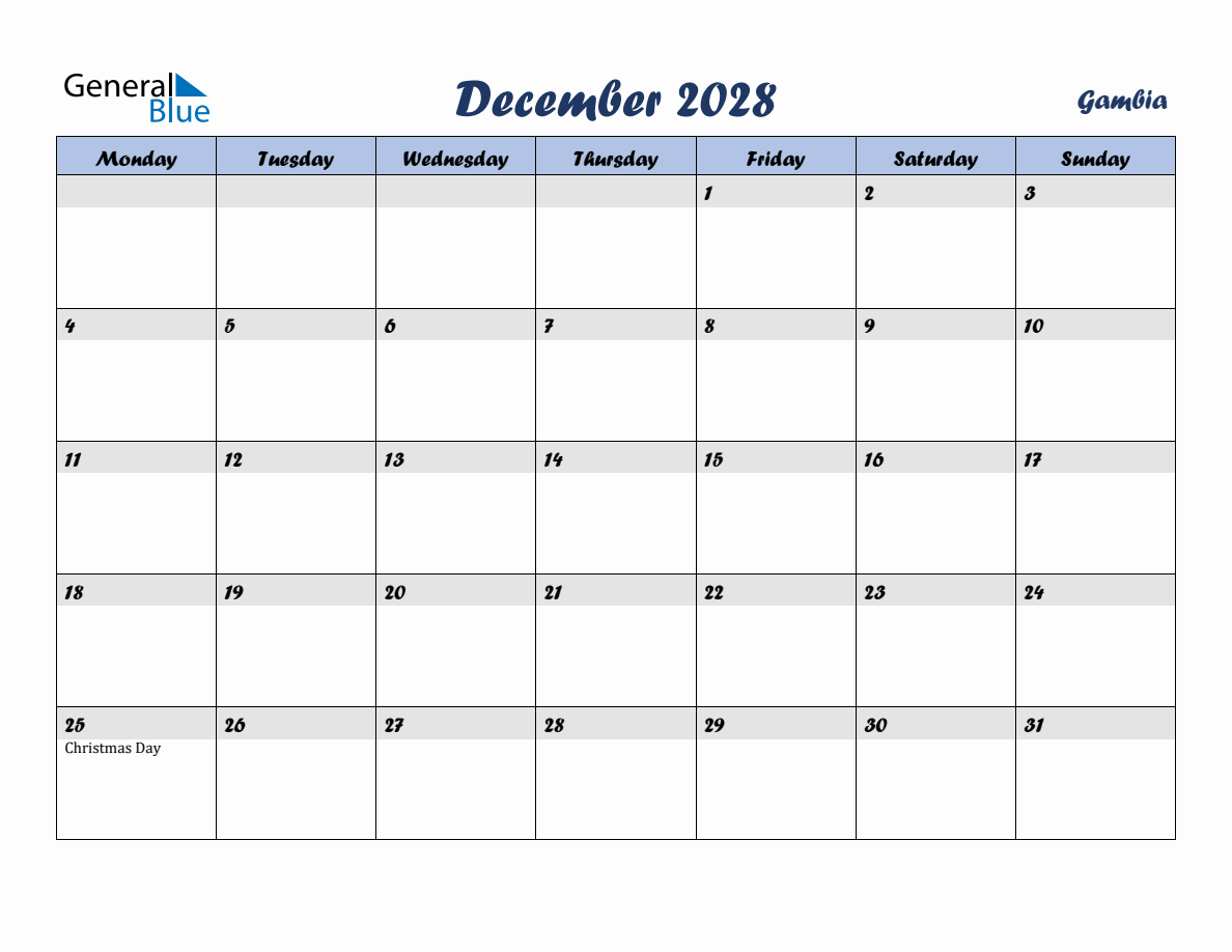 December 2028 Monthly Calendar Template with Holidays for Gambia ...