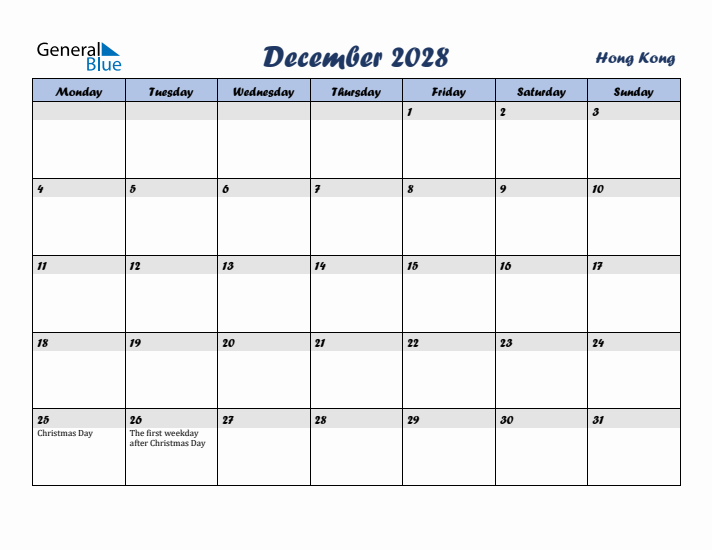 December 2028 Calendar with Holidays in Hong Kong