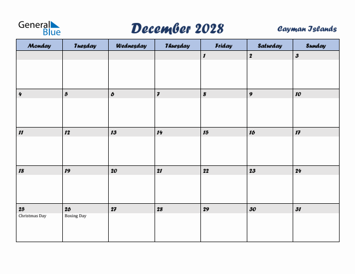 December 2028 Calendar with Holidays in Cayman Islands