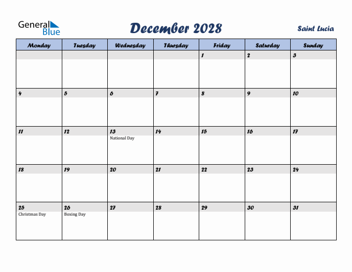 December 2028 Calendar with Holidays in Saint Lucia