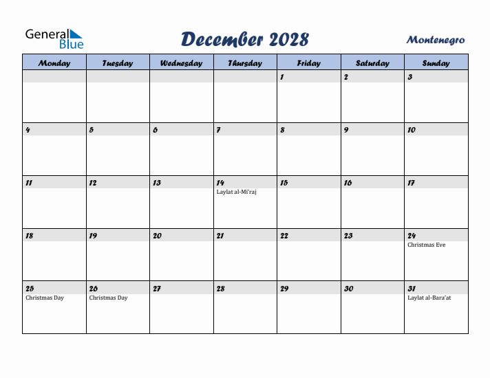 December 2028 Calendar with Holidays in Montenegro